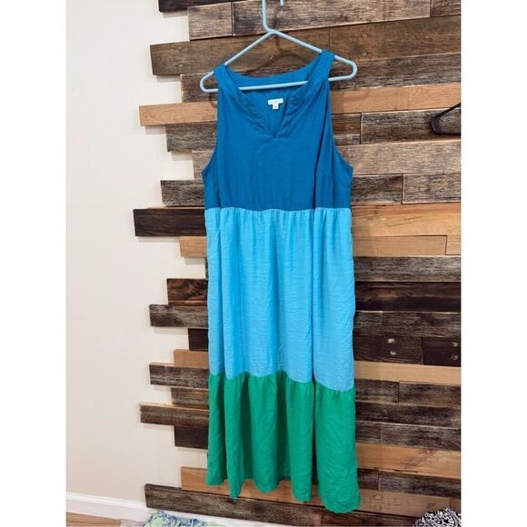 J. Jill Color Block Tier Maxi Tank Dress Blue Green Rayon Pockets Sz 2X - Picture 2 of 9